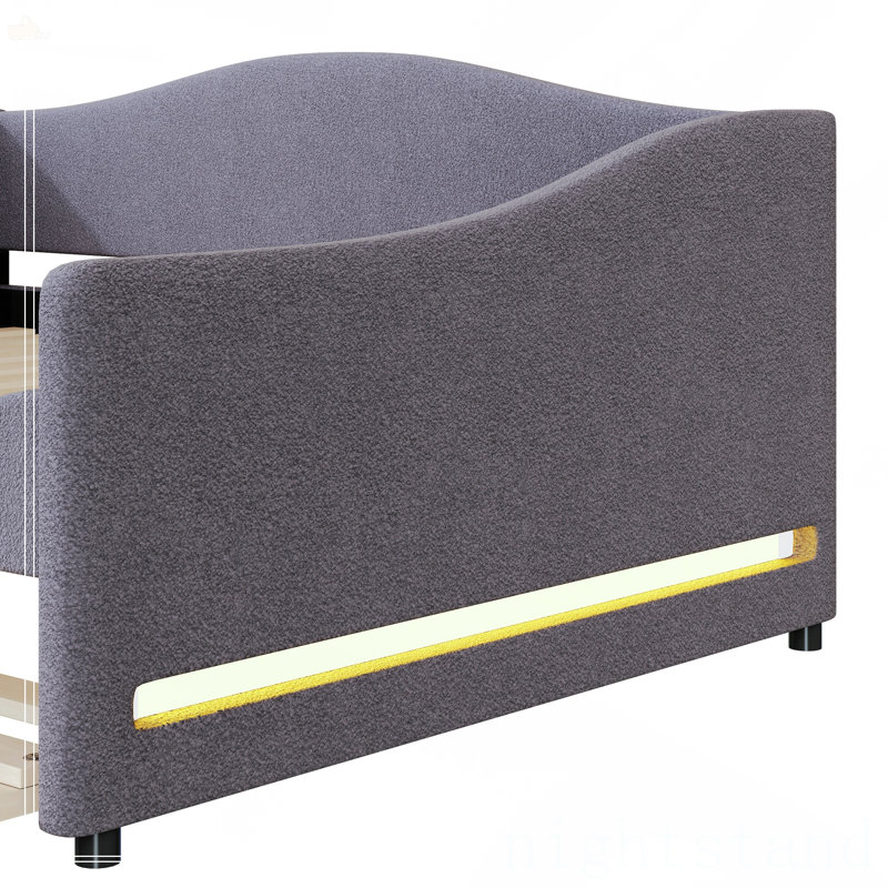 Lit de jour rembourré en molleton avec lumière et couchette Teddy, Double, Gris