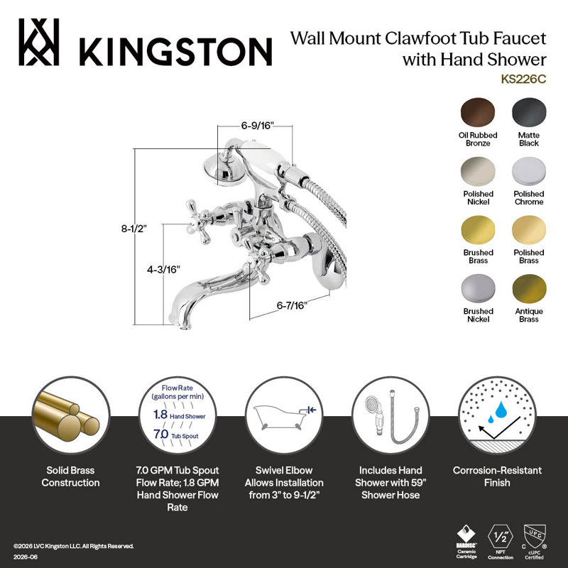 Robinet de baignoire sur pattes à deux poignées avec douche à main Kingston Brass Kingston, Chrome poli
