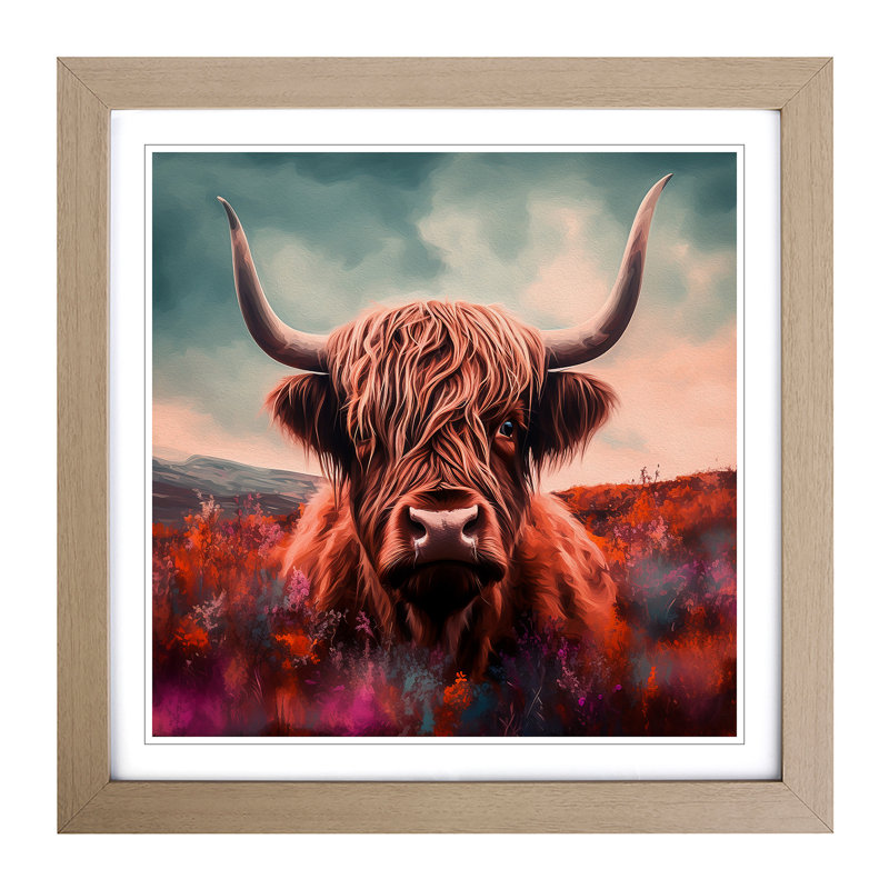 Highland Cow Surrealism - Single Picture Frame Print on Wood, Oak