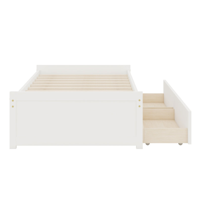 Lit en bois d'hévéa massif avec 2 tiroirs pour le rangement, Blanc