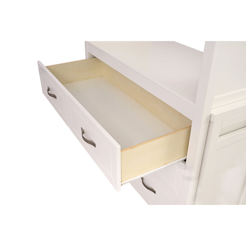 Lit simple contemporain avec bureau intégré, 3 tiroirs, tablettes attachées et ouvertes blanches pour tablette latérale de chambre à coucher