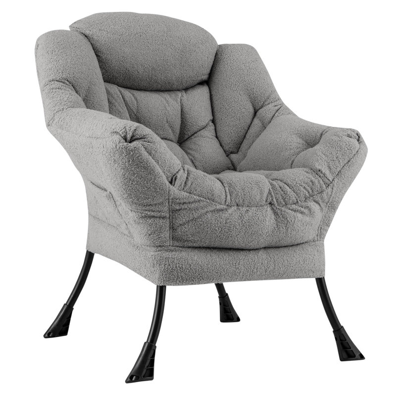 Winston Porter Large Lazy Chair With Cozy Head Pillow Stylish Tufted Back & Seat Armrests, Gray Cotton