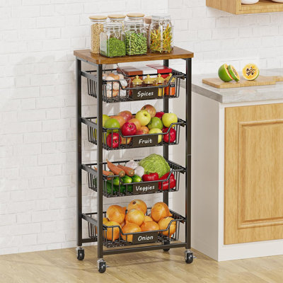 4-Tier Pull-Out Basket Rolling Kitchen Cart, Wood-Top Utility Storage Organizer for Produce Snacks Pantry Bathroom
