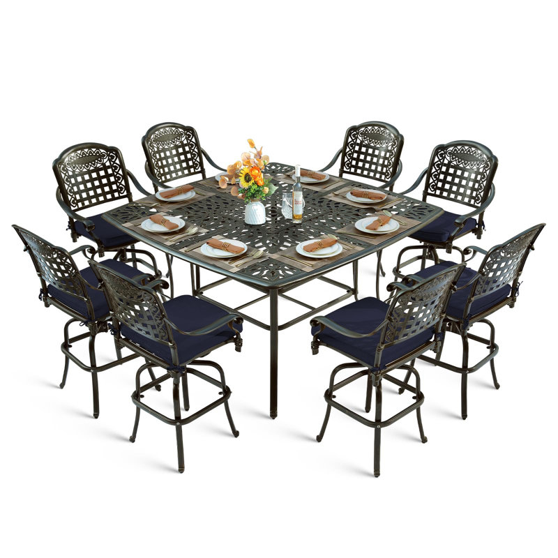 9-piece Outdoor Patio Swivel Bar Set, All Weather Cast Aluminum High Top Patio Bar Furniture With 8 Cushioned Swivel Bar Stools, Large 64" Square Patio Bar Height Table, 2.2" Umbrella Hole