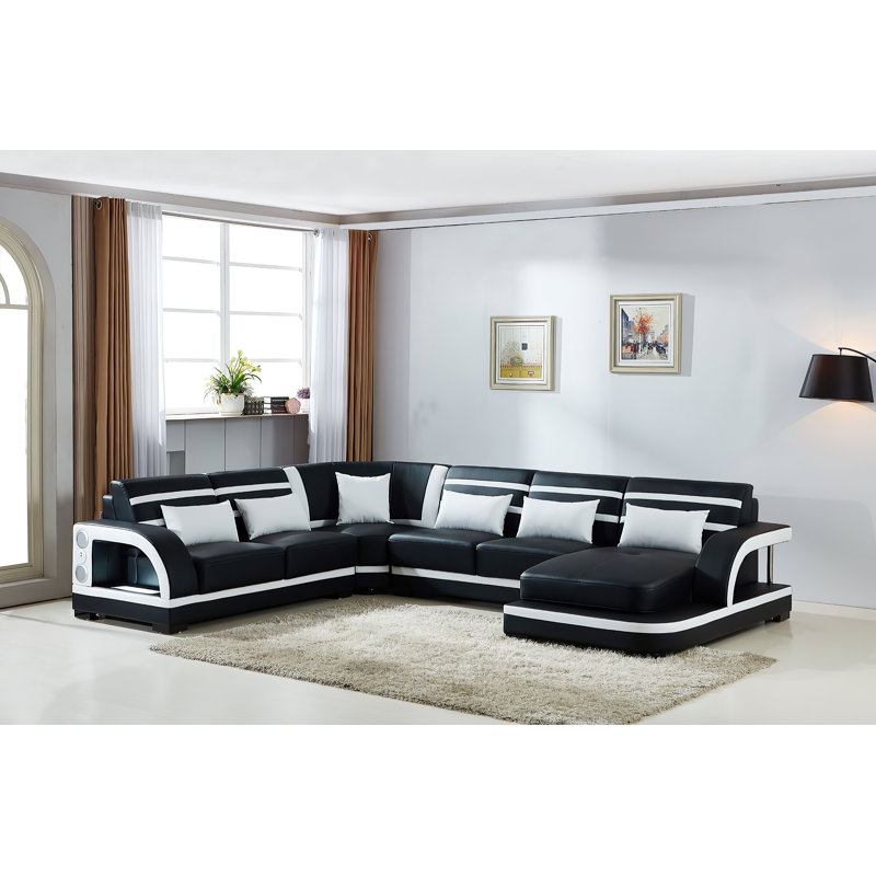 Lorese Upholstered U-Shaped Sectional,  Black/White, Left Hand Facing