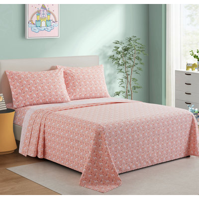 Marina Decoration Girls Toddlers Cute 600 Thread Count Home Bedding Soft Bedsheet Deep Pocket Percale All Season 4 Pieces Kids Printed Cotton Sheet Set, Pink Unicorn Rainbow Pattern Double/Full Size