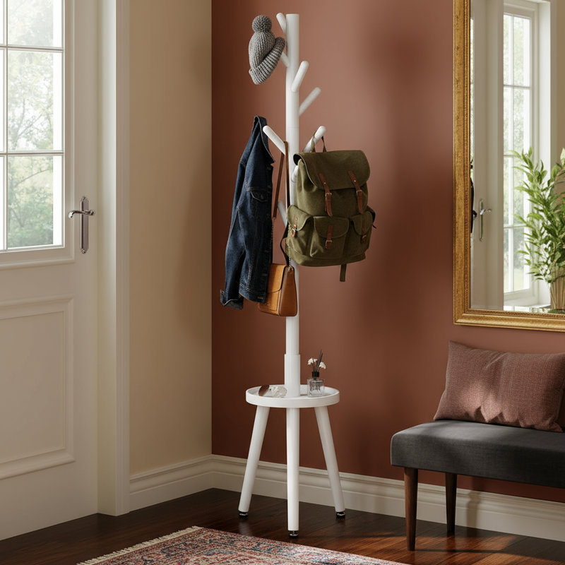 White Wooden 8-Hook Coat Rack, Freestanding With Shelf, 4 Adjustable Heights Stores Various Items, White