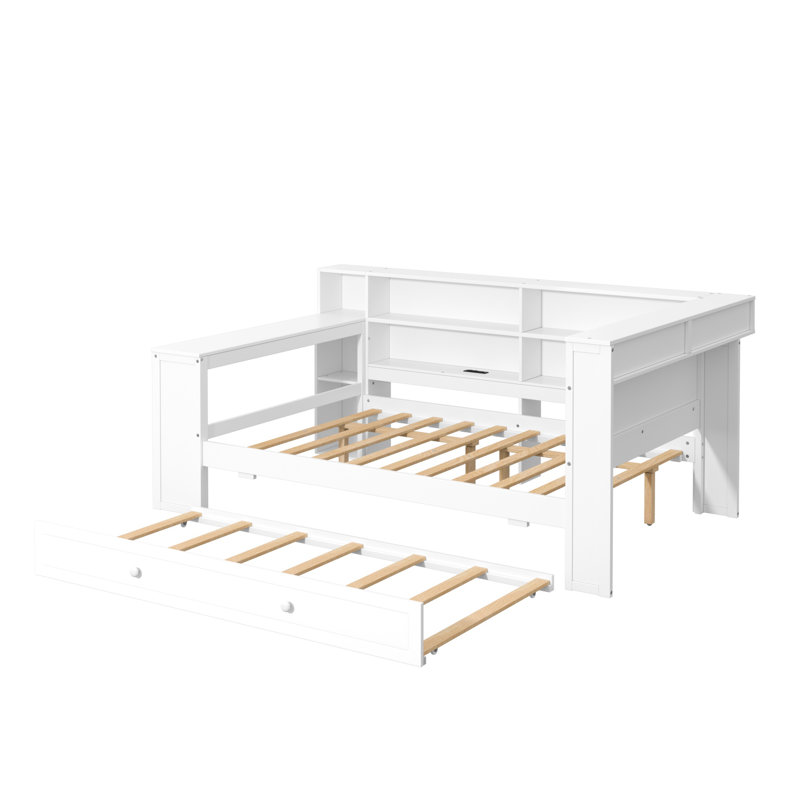 Full Size LED Platform Bed with Storage, Trundle, Desk, Charging Station and Upholstered Headboard - 8 Shelves, Beige/White
