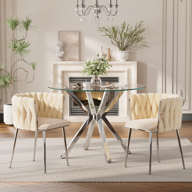 Modern Round Clear Dining Table Set, Tempered Glass Dining Table With Velvet Weavon Dining Chair For Dining Room, Silver