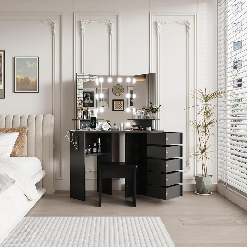 Coiffeuse de maquillage avec lumières DEL et prise de courant, coiffeuse d'angle avec 5 tiroirs rotatifs et 3 modes d'éclairage pour la chambre à coucher