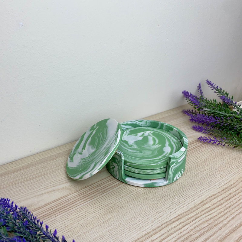 Stoneware Round 4 Piece Coaster Set With Holder, Green