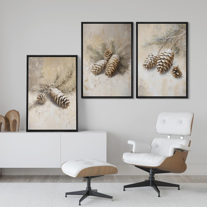 «Rustic Pinecone Winter Christmas Holiday Home Decor», reproduction d'art sur toile encadrée, Noir, noir, noir, noir