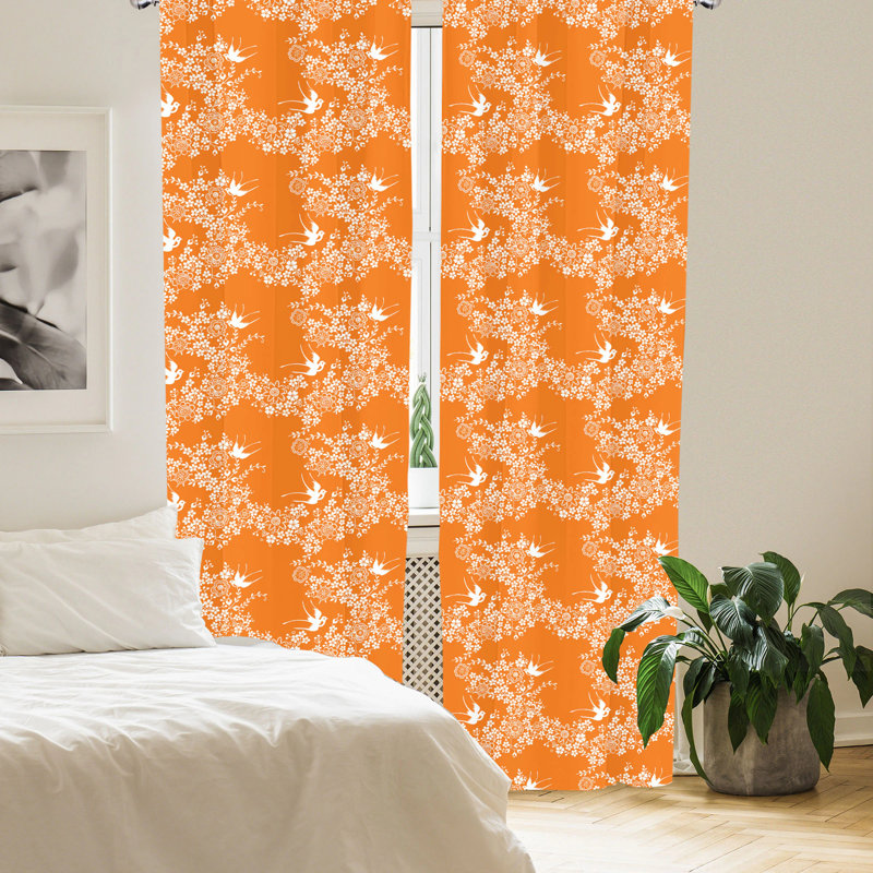 Orange Japanese Tree Birds Art Polyester Curtain Panels