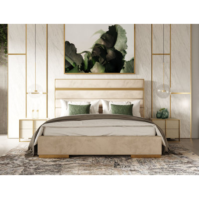 Calliann Modern Beige Velvet And Brushed Brass Bed