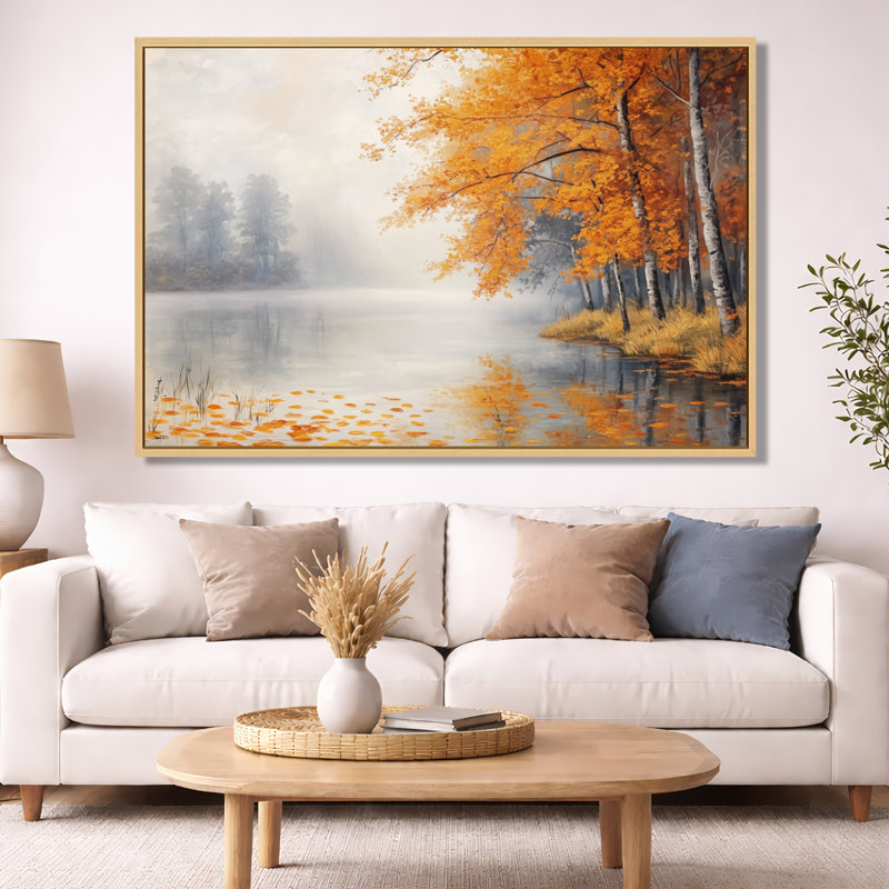 Toile brumeuse, art mural rivière d'automne, berge brumeuse d'automne, H 40 po x l 60 po, Cadre naturel flottant