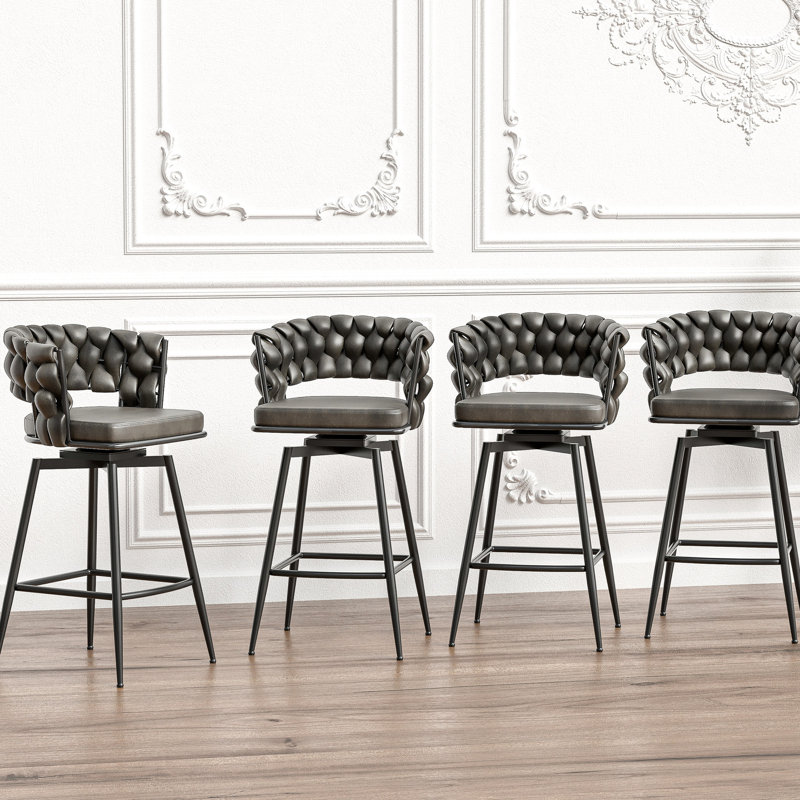 De 2 tabourets de bar tissés brun clair, pivotant à 360 °, base en métal, tabouret de comptoir rembourré avec dossier et repose-pieds pour différentes applications, paire de 28 po (2), structure solide, besoins