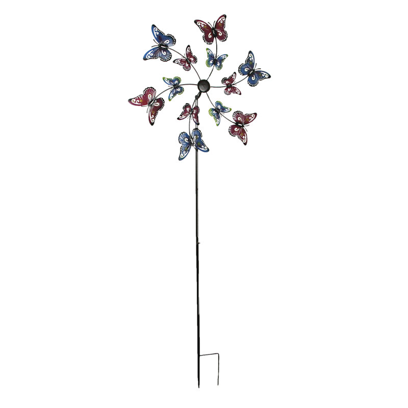 Piquet de jardin extérieur en métal, rouge, bleu et jaune, à découpage au vent, cinétique et papillon en métal - 72 po de hauteur x 3,5 po de largeur x 28 po de diamètre