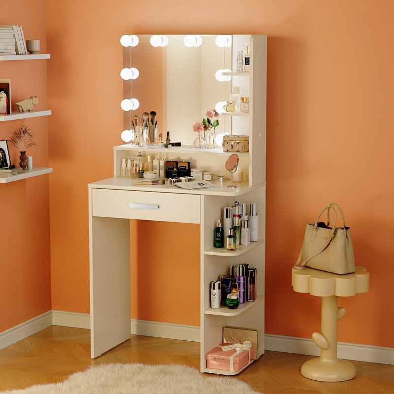 Coiffeuse en bois manufacturé avec miroir à DEL et tablettes de rangement , Blanc