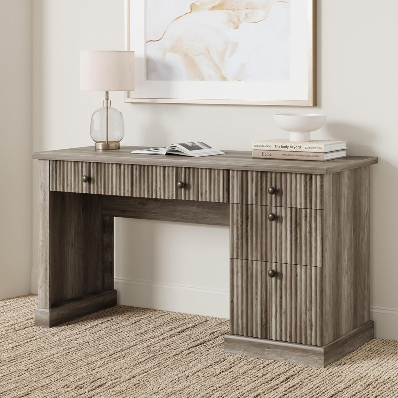 Bureau de direction 54 po cannelé avec rangement, bureau de direction moderne avec station de charge, Gris