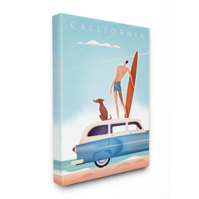 «California Surfer and Dog on Leur Car Affiche Style» par Marine Bourque, impression