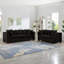 Canapé 2+3 places en velours noir, design moderne, accoudoirs carrés, housses amovibles, pieds en bois massif, espace de rangement intégré. Canapé cinq places, accoudoirs cloutés argentés, siège confortable, repose-pieds rembourré.