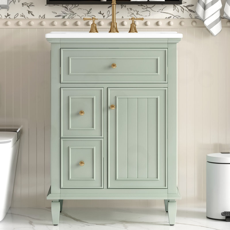 Meuble-lavabo de salle de bain avec tiroir rabattable, 2 tiroirs standard et tablette réglable, Vert/doré