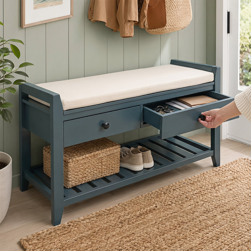 Élégant banc à chaussures en bois avec deux tiroirs de rangement et un support quadrillé - un couloir et un vestibule indispensables