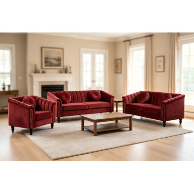 Chesterfield‑Style Velvet 3‑Piece Living Room Set, Channel Tufted Couch Set with Nailhead Trim & Throw Pillows