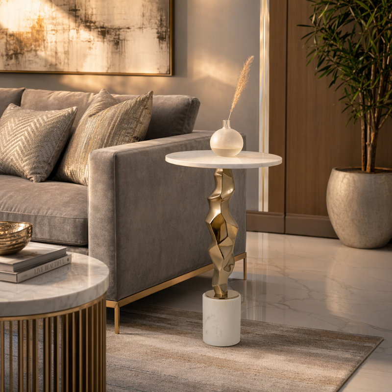 Lagretta Modern Metal and Marble Accent Table with Sculptural Aluminum Base, Contemporary Side Table with Sleek Design and Elegant Stone Top for Home Decor