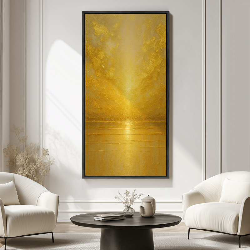 Radiant Gold Light Over Peaceful Waterline Vertical Wall Art - Large Framed Canvas Master Bedroom Wall Art Print, Black