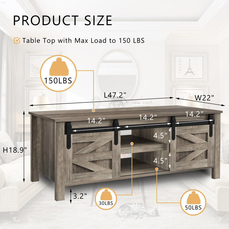 Table basse longue de 47,2 po Esben avec 2 portes coulissantes et 3 compartiments de rangement cachés
