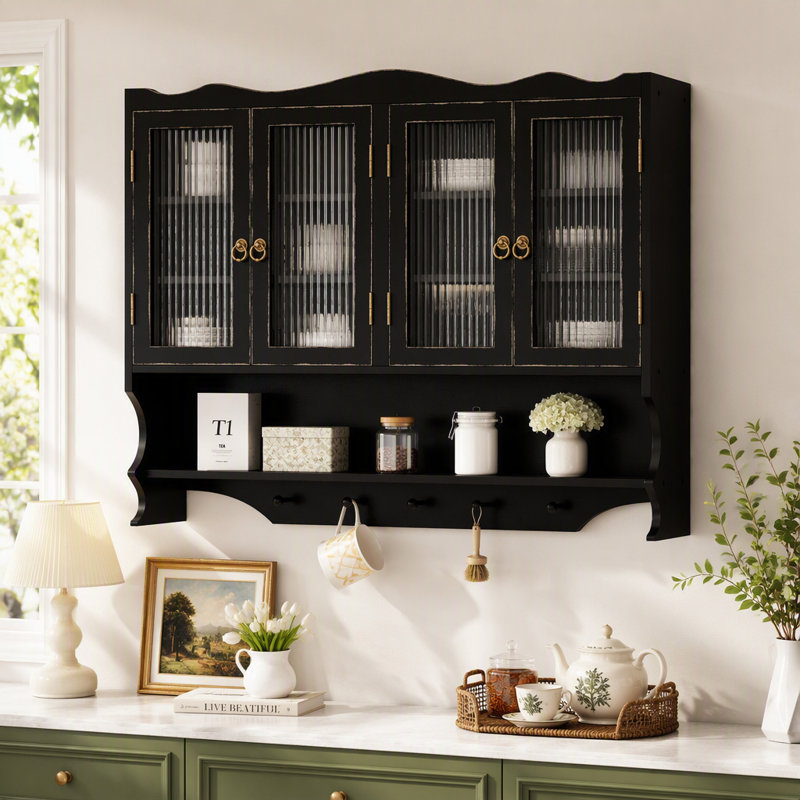 Armoire murale 39,37 po à 4 portes rétro, avec deux niveaux de rangement et un support à crochets ouverts, convient aux salles de bain, cuisines, salles à manger, noir antique