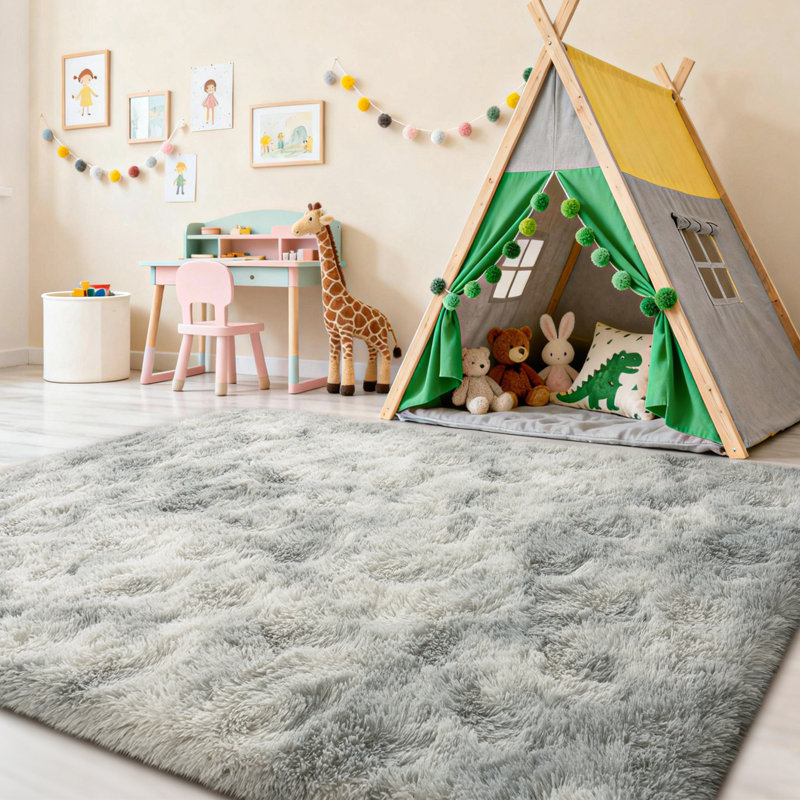 Shag Area Rugs 6x9 ft, Tie-dyed Grey Fluffy Rug for Living Room, Non-Slip Shag Carpet for Bedroom Nursery Kids Play Room Dorm Office