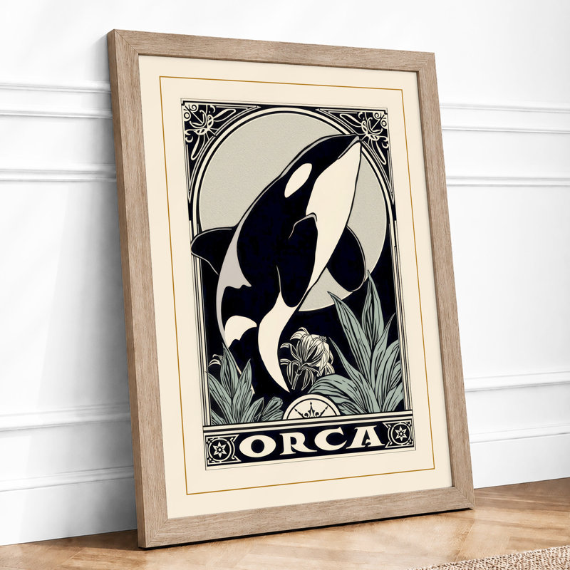 Leaping Orca Moon Art Deco - Framed Print, Oak, A4 - 29.7 x 21.0 cm