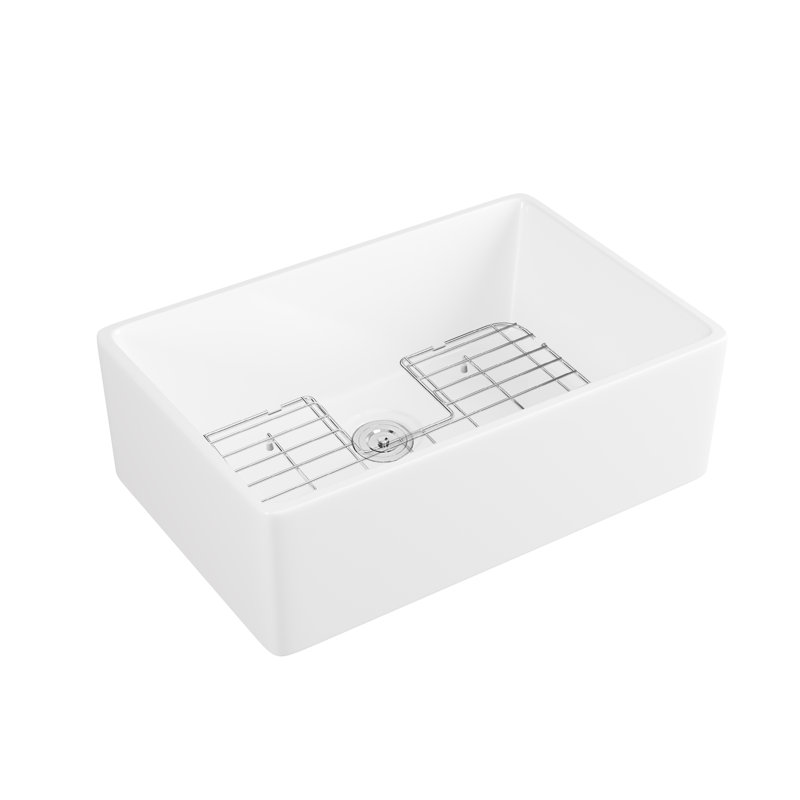 Perch 24" L x 16" W Single Basin Farmhouse Apron Kitchen Sink with Sink Grid and Basket Strainer