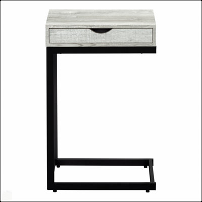 C-Shaped Accent Table With Storage Drawer, Grey Laminate Top And Black Metal Frame For Modern Living