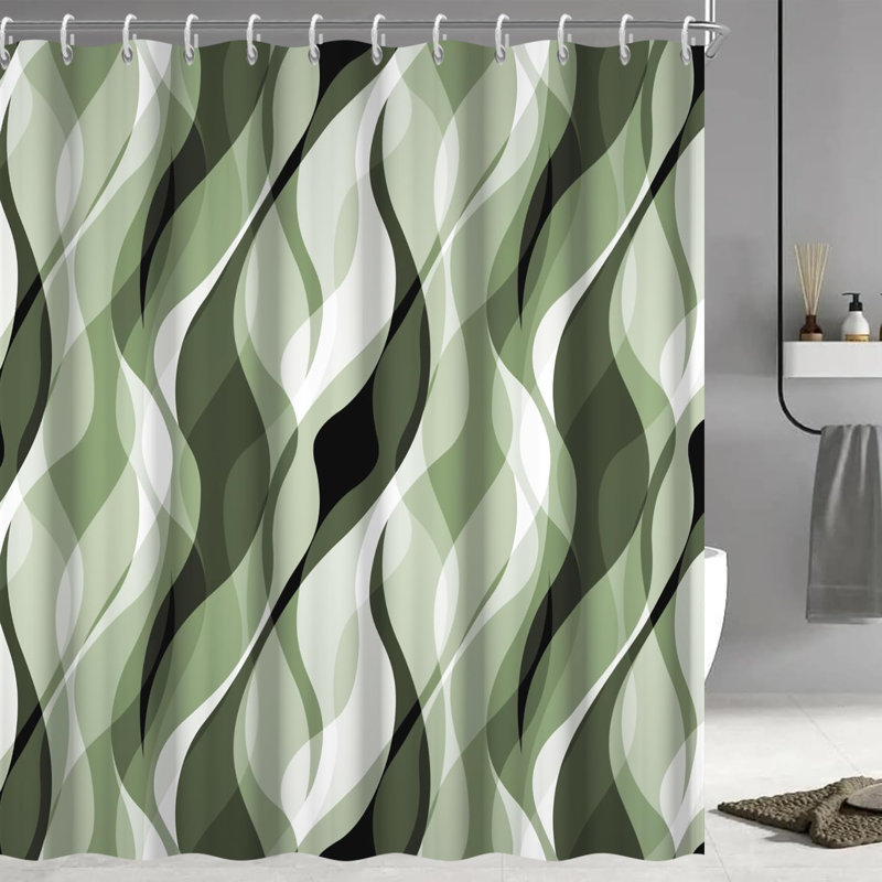 Pack of 1 Modern Abstract Black and Grey Striped Shower Curtain Set with Hooks, 91.44cm W x 182.88cm L, Sage Green
