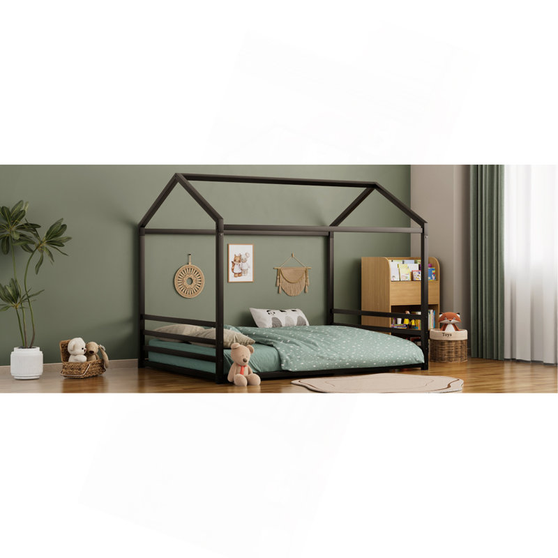 Structure de lit pleine grandeur en métal de style Montessori, lit en forme de maison avec barrières de sécurité (pour enfants et tout-petits) facile à assembler, sans lattes