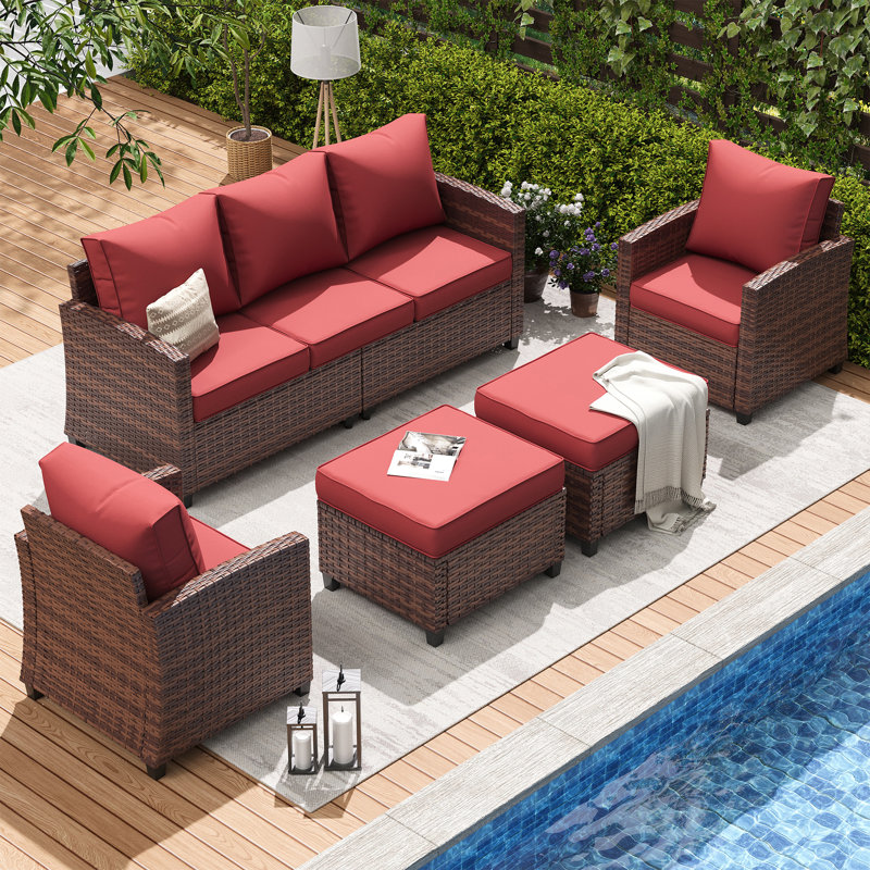 Ensemble de conversation pour patio avec coussins 7 personnes Mecayla , Coussin rouge / cadre brun