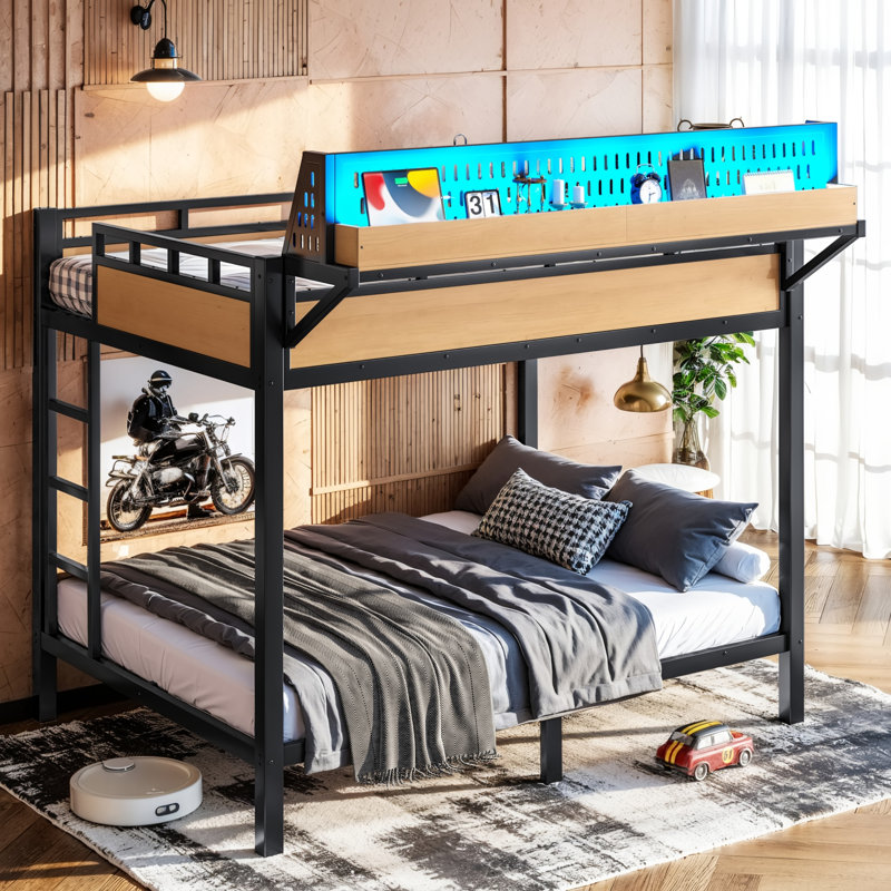 Lit superposé double en métal avec tablettes de rangement, panneau perforé, ports USB et lumières DEL, Full over Full