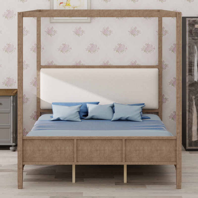 Lit moderne en bois, style baldaquin et tête de lit tapissier exquise, Natural Walnut