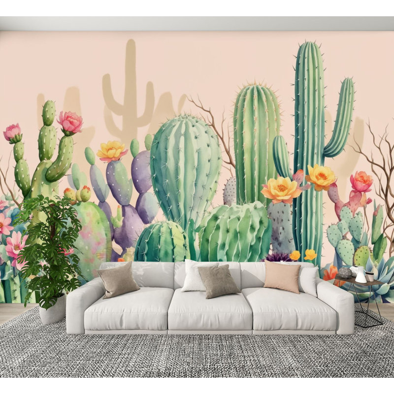 Papier peint adhésif peler et coller Cactus Garden Vibrant Floral Blooms Soft Pastels, papier peint amovible en PVC, H 100 po x l 144 po, pour chambre à coucher, bureau à domicile
