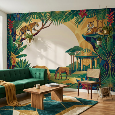 Décoration murale amovible Tigers de papier peint jungle tropicale