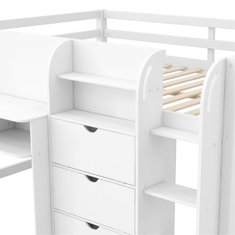 Lit mezzanine double pleine grandeur avec bureau intégré, armoires de rangement et bibliothèque ouverte, tableau blanc pour graffiti, blanc