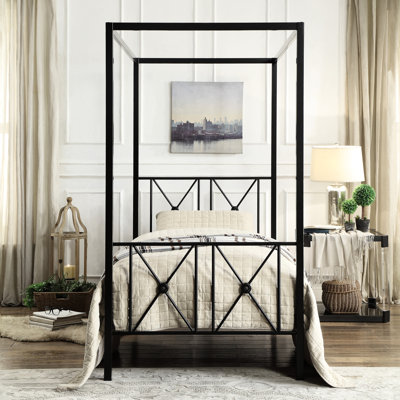 Twin Canopy Bedroom Metal Bed - Black, Modern Traditional Black Frame,