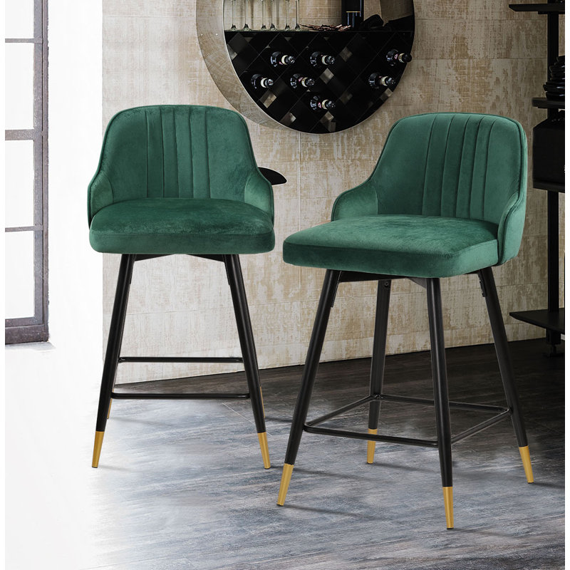Swivel Velvet Upholstered Counter & Bar Stool, Green, Counter Stool (25.6" Seat Height)