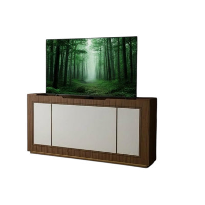  Italian Style TV Lift Cabinet| Motorized TV Lift System with Faux Leather Panels & High Density Oak Veneer Build| Space-Saving Design, Fits Up to 70” TVs (King Size)
