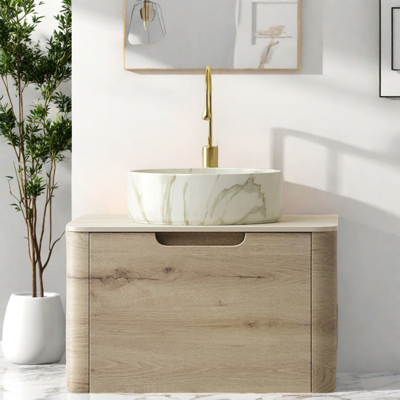 Meuble-lavabo moderne avec lavabo en céramique, finition chêne blanc