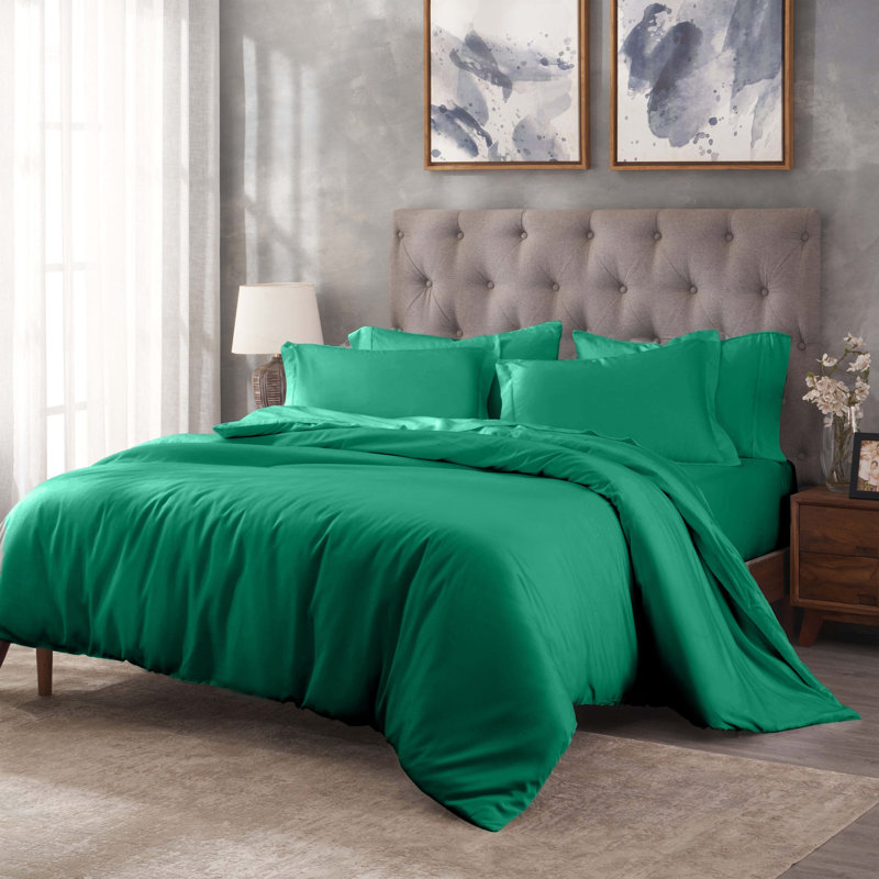 Ensemble de housse de couette moderne et contemporain en mélange de coton égyptien Lunete, Vert