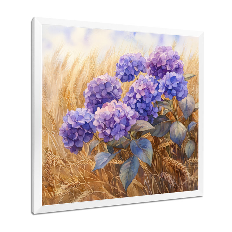 Hortensias dans le champ de blé - art mural sur toile Hydrangea, Reproduction encadrée d'une seule photo, H 16 po x l 16 po